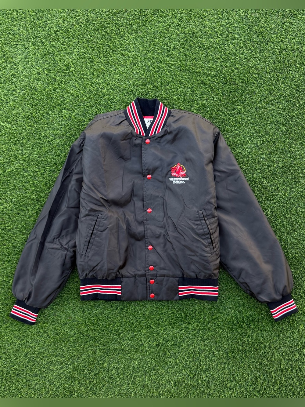 Vintage 80s West Wind Satin Jacket Varsity Bomber Western Boxed Meat Inc Sz Lrg